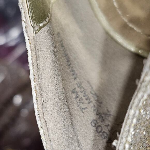 Gold Heels Womens Size 7.5 Sparkle Glitter Glam Wedding Dress Peep Toe Metallic - Picture 12 of 16